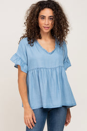 Blue Chambray Ruffle Peplum Blouse