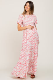 Pink Floral Smocked Tiered Maternity Maxi Dress