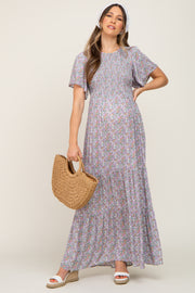 Lavender Floral Smocked Tiered Maternity Maxi Dress