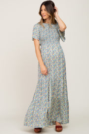 Blue Floral Smocked Tiered Maternity Maxi Dress