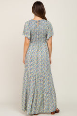 Blue Floral Smocked Tiered Maternity Maxi Dress