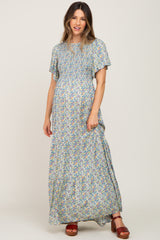 Blue Floral Smocked Tiered Maternity Maxi Dress