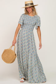 Blue Floral Smocked Tiered Maxi Dress