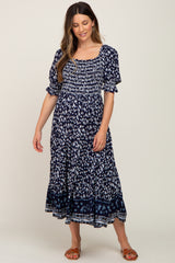 Navy Blue Floral Smocked Embroidered Square Neck Maternity Midi Dress