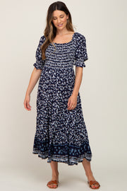 Navy Blue Floral Smocked Embroidered Square Neck Maternity Midi Dress