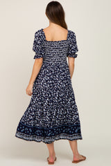 Navy Blue Floral Smocked Embroidered Square Neck Maternity Midi Dress