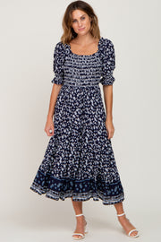 Navy Blue Floral Smocked Embroidered Square Neck Midi Dress