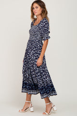 Navy Blue Floral Smocked Embroidered Square Neck Midi Dress