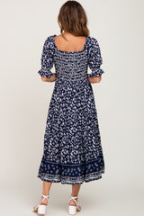 Navy Blue Floral Smocked Embroidered Square Neck Midi Dress