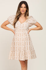 Beige Floral Gauze Short Puff Sleeve Maternity Mini Dress