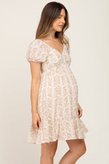 Beige Floral Gauze Short Puff Sleeve Maternity Mini Dress