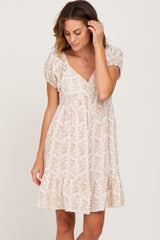 Beige Floral Gauze Short Puff Sleeve Maternity Mini Dress