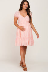 Pink Floral Wrap Puff Sleeve Maternity Dress