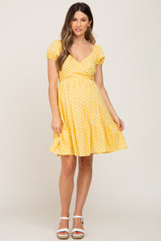 Yellow Floral Wrap Puff Sleeve Maternity Dress