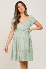 Light Green Floral Wrap Puff Sleeve Maternity Dress