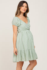 Light Green Floral Wrap Puff Sleeve Maternity Dress