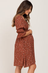 Brown Floral Ruffle Sleeve Smocked Maternity Dress