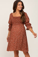 Brown Floral Ruffle Sleeve Smocked Maternity Dress