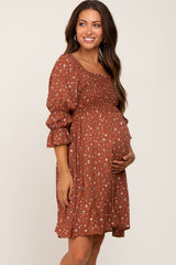 Brown Floral Ruffle Sleeve Smocked Maternity Dress