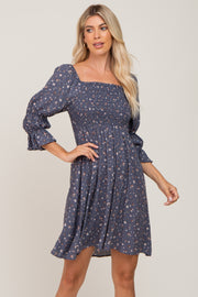 Navy Floral Ruffle Sleeve Smocked Dress