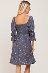 Navy Floral Ruffle Sleeve Smocked Dress