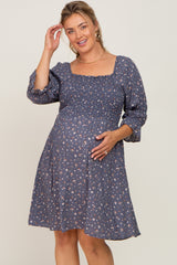 Blue Floral Smocked 3/4 Sleeve Maternity Plus Dress