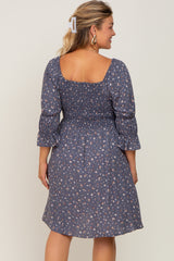 Blue Floral Smocked 3/4 Sleeve Maternity Plus Dress