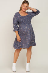 Blue Floral Smocked 3/4 Sleeve Maternity Plus Dress