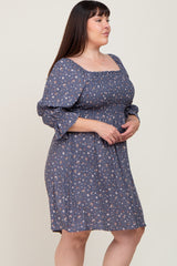 Blue Floral Smocked 3/4 Sleeve Plus Dress