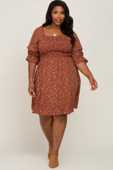 Brown Floral Smocked 3/4 Sleeve Plus Dress