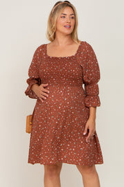 Brown Floral Smocked 3/4 Sleeve Maternity Plus Dress