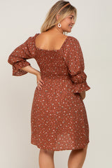 Brown Floral Smocked 3/4 Sleeve Maternity Plus Dress