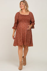 Brown Floral Smocked 3/4 Sleeve Maternity Plus Dress