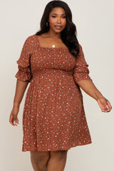 Brown Floral Smocked 3/4 Sleeve Maternity Plus Dress