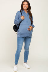 Blue Snap Front Button Maternity Hoodie