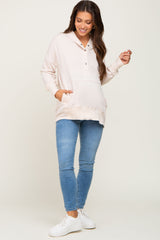 Beige Snap Front Button Maternity Hoodie