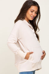 Beige Snap Front Button Maternity Hoodie