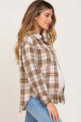 Taupe Plaid Frayed Maternity Button Up