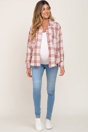 Pink Plaid Frayed Maternity Button Up