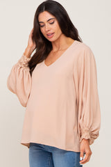 Taupe Long Sleeve Crochet Lace Maternity Blouse