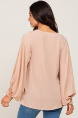 Taupe Long Sleeve Crochet Lace Maternity Blouse