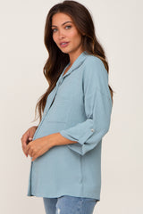 Mint Green Button Front Collared Maternity Blouse