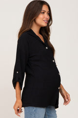 Black Button Front Collared Maternity Blouse