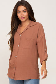 Camel Button Front Collared Maternity Blouse