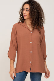 Camel Button Front Collared Blouse