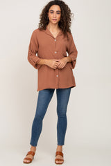 Camel Button Front Collared Blouse