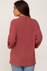 Burgundy Button Front Collared Maternity Blouse