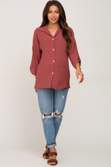 Burgundy Button Front Collared Maternity Blouse