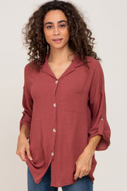 Burgundy Button Front Collared Blouse