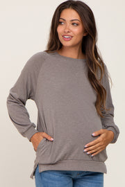 Taupe Hi-Low Side Slit Long Sleeve Maternity Top